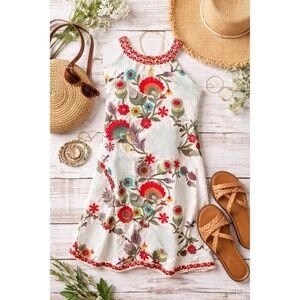 Anthropologie Dolma Embroidered Floral Cotton Shift Dress Boho Festival Small